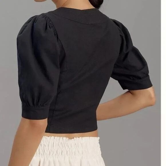 Anthropologie Elegant Black Puff Sleeve Top - Picture 2 of 5